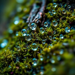 Extreme detail of dew drops clinging to mossy bark, a miniature, glistening ecosystem captured with sharp clarity,  editorial,  clean