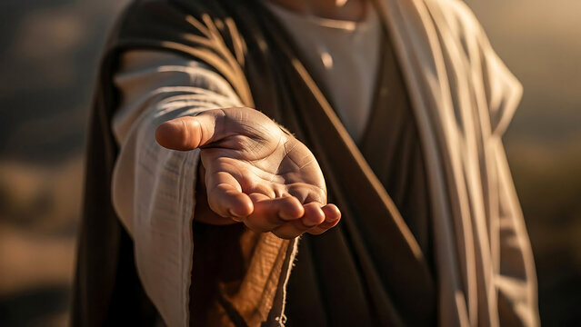 A close-up shot of a figure resembling jesus extending his hand in a gesture of divine help and invitation