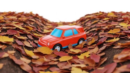 Toy Car Merrily Cruises Through Colorful Fall Leaves \