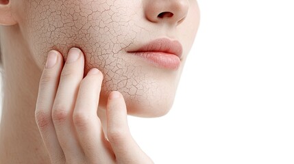 An adult woman with dry skin on her face, touching the area of dead and cracked texture in front of a white background