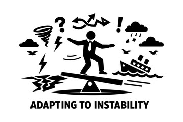 Businessman balancing on seesaw amidst chaos and natural disasters
