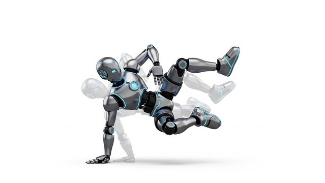 Robot figure stylishly breakdancing so creatively on white