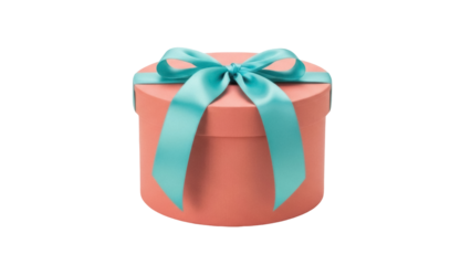 Isolated present in a peach colored round box with a blue ribbon tied on top for decoration