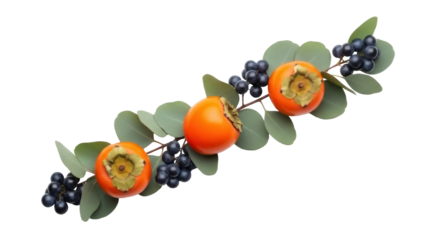 Isolated arrangement featuring colorful persimmons, green eucalyptus leaves, and berries on show
