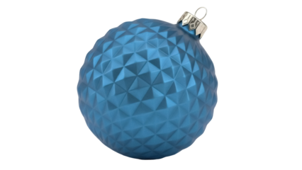 Isolated shiny blue Christmas ball ornament with triangle design, seasonal decoration closeup