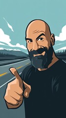 A cartoon illustration of an attractive, bald man with facial hair and a beard, pointing at his car that has crashed and is on its side on the highway