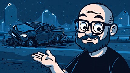 A cartoon illustration of an attractive, bald man with facial hair and a beard, pointing at his car that has crashed and is on its side on the highway