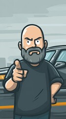 A cartoon illustration of an attractive, bald man with facial hair and a beard, pointing at his car that has crashed and is on its side on the highway