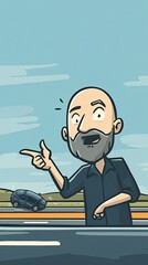 A cartoon illustration of an attractive, bald man with facial hair and a beard, pointing at his car that has crashed and is on its side on the highway