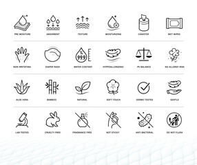 Set icons for wet wipes packaging. This icons shows main benefits of wet wipes. Vector elements are good for different backgrounds, well scalable and editable. EPS10.