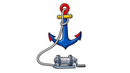 Blue anchor hoisted brightly above a winch drawing upwards