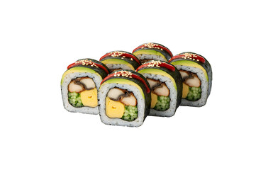 Japanese Maki rolls. Tamago-yaki, rice, nori, eel, cucumber, avocado, hot sauce, sesame. For menus. Isolated