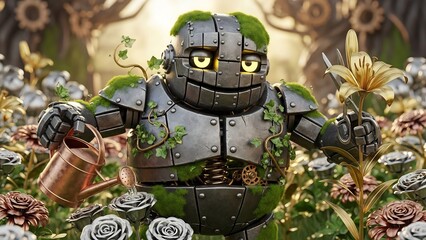 Robot peacefully tends flower garden in detailed scenery