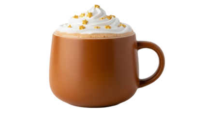 Isolated rich brown mug with foam cream and decorative star sprinkles, modern drinkware