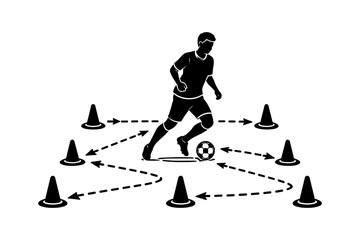 Soccer player dribbling around cones during a training drill with dashed arrows