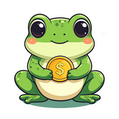 Obraz premium Cute Cartoon Frog Holding Gold Coin Sticker on Black Background for Wealth