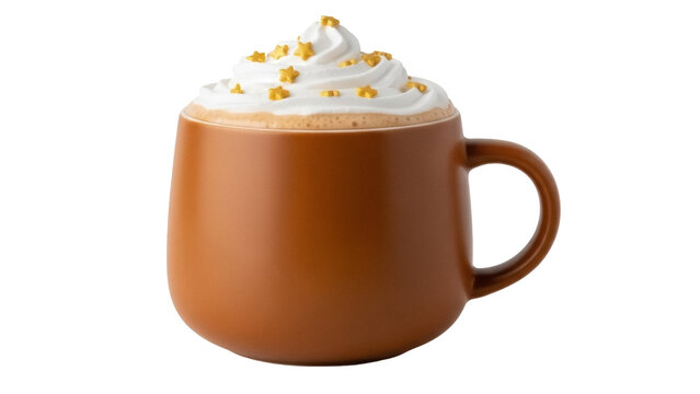 Isolated rich brown mug with foam cream and decorative star sprinkles, modern drinkware