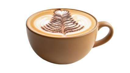 Isolated cappuccino with latte art and coffee foam in a coffee cup with a handle on a neutral background