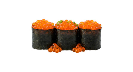 Gunkan maki topped with salmon caviar (Ikura) on a white background

