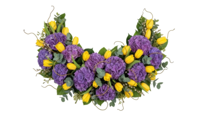 Isolated vibrant floral arrangement with purple hydrangea and yellow tulips in a curve shape