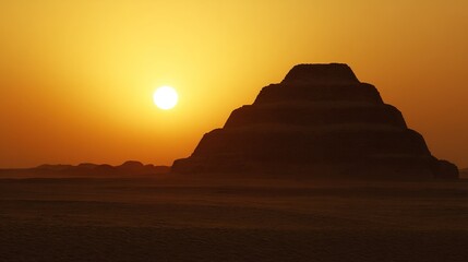 ziggurat. Desert landscape at sunset, stepped pyramid silhouette against orange sky. inspiring travel planning, ESG reports, designed for environmental awareness campaigns, drives climate awareness.