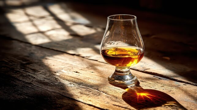 Glen Cairn Glass Filled with Amber Liquor on Rustic Wooden Table with Sunlight Casting Shadows