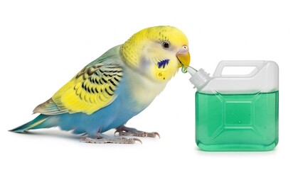Budgie quenches thirst intensely from green liquid container
