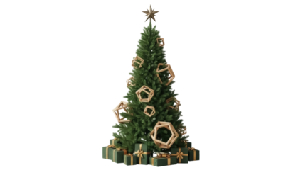 Isolated Christmas tree, geometric ornaments, gifts, festive decoration, holiday celebration