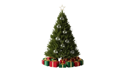 Isolated Christmas tree with star and ornaments, gifts below. Holiday season elements