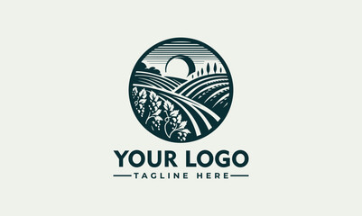 Vector logo design featuring a serene vineyard landscape with rows of grapevines and a stylized sun, set against a clean white background for branding purposes.