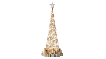 Isolated festive Christmas tree, gold frame with lights, gifts underneath, holiday seasonal