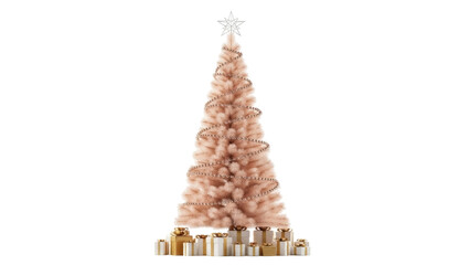 Isolated pink Christmas tree with presents and a star topper for the holidays, season's greetings © Ari