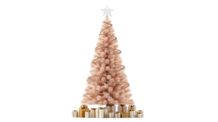 Isolated pink Christmas tree with presents and a star topper for the holidays, season's greetings