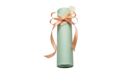 Isolated mint cylinder with peach ribbon and feather perfect for a present or celebration, party favor
