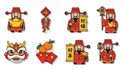 Chinese New Year Symbols Including Gods of Wealth and Lion Dance.