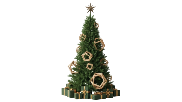 Isolated Christmas tree, geometric ornaments, gifts, festive decoration, holiday celebration - Powered by Adobe