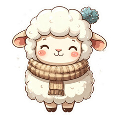 Fototapeta premium Sweet Cartoon Sheep with Santa Hat and Scarf, Christmas Holiday Vector Illustration