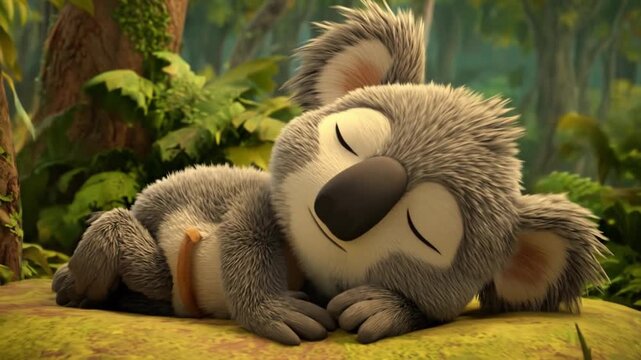 A sleepy gray koala naps on a mossy log beneath a sunlit, lush forest canopy. and warm morning light