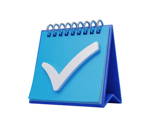 Bright blue 3 D rendered spiral notebook with a large white checkmark on the transparent background