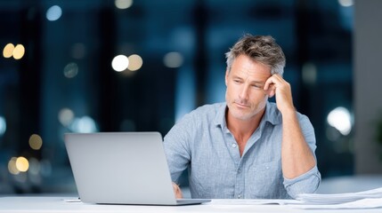 Male accountant in a light blue shirt, sitting at a desk with a laptop, appears deep in thought while analyzing financial data, reflecting on professional challenges and solutions