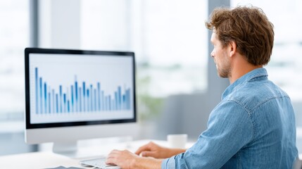 Male accountant analyzing financial data on computer screen in modern office environment, showcasing graphs and charts for business performance evaluation