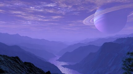 Cosmic Landscape Featuring Mountain Range River And Ringed Planet Under Starry Sky