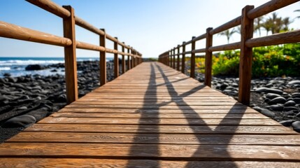 Obraz premium Beautiful Coastal Wooden Jetty Silhouette Extending into the Calm Blue Sea