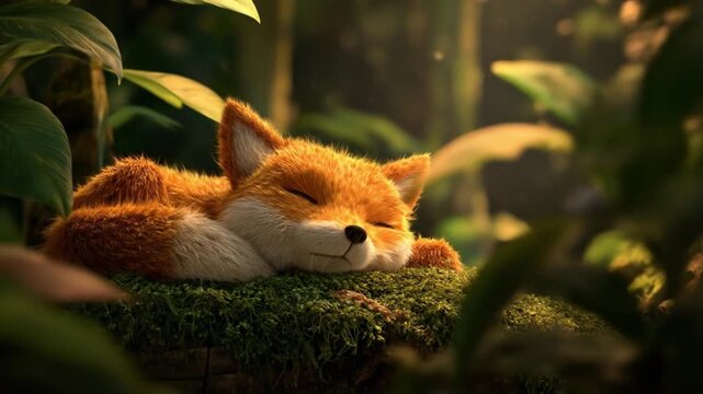 A plush fox naps on mossy ground beneath dappled forest light, peaceful and cozy. Golden rays softly