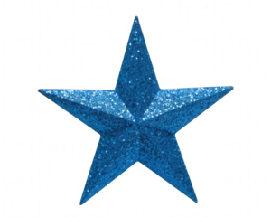 Close up of a shiny blue glitter star shape on a transparent background black background sparkle