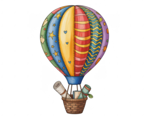 Colorful patchwork hot air balloon with basket and rolled map on black transparent background