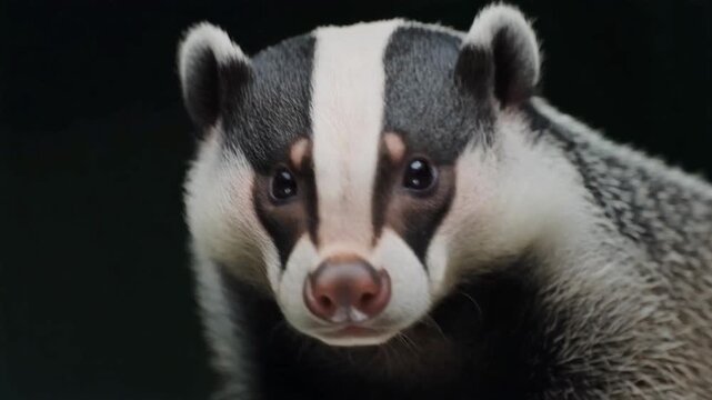Ultra HD badger face close-up with a bold black-white pattern and sharp eye detail, cinematic 4k.