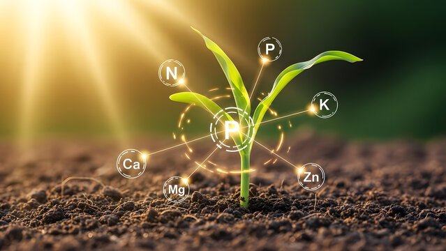 A young green plant grows in soil with chemical elements symbols floating around it, illuminated by sunlight with a shallow depth of field, conveying a scientific and natural mood.