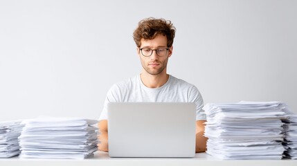 Young man with curly hair and glasses is working diligently on a laptop surrounded by stacks of paperwork, illustrating the concept of accounting and financial management