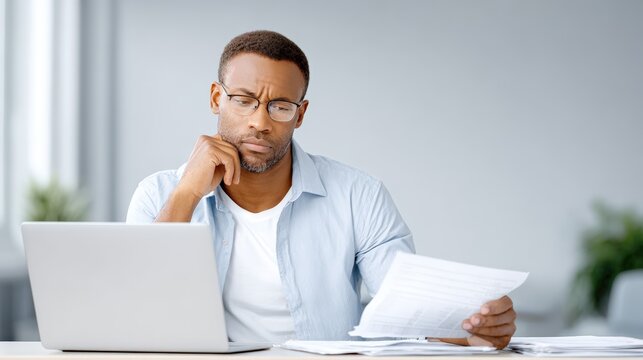 African American man in casual attire, thoughtfully reviewing financial documents while seated at a desk with a laptop, conveying the concept of accounting and financial analysis - Powered by Adobe